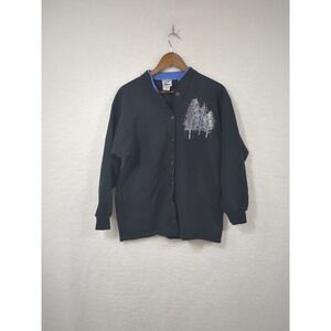 Vintage Women's Grandma Black Cardigan Glitter Winter Trees Made‎ in USA M